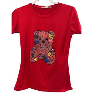 Atzirhy Red Teddy Bear Rhinestone Smiley Graphic T-Shirt Womens Slim Fit